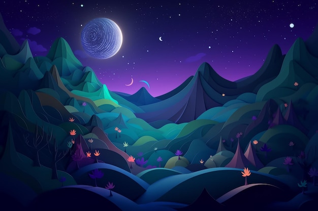Une illustration de dessin animé d'un paysage de montagne avec une lune et des étoiles.