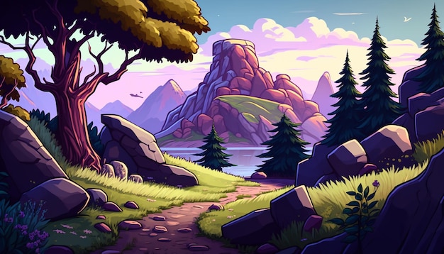 Illustration de dessin animé d'un paysage de montagne pittoresque avec un chemin menant à un lac ai génératif