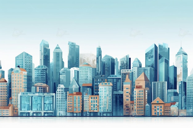 Une illustration de dessin animé d'un paysage urbain avec un ciel bleu et un bâtiment avec beaucoup de fenêtres.