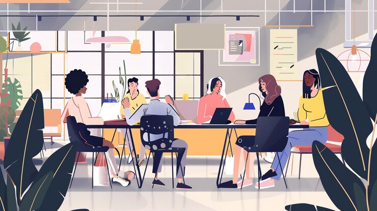 Photo une illustration de dessin animé de personnes assises à une table avec des ordinateurs portables et une image d'un homme avec un ordinateur portable