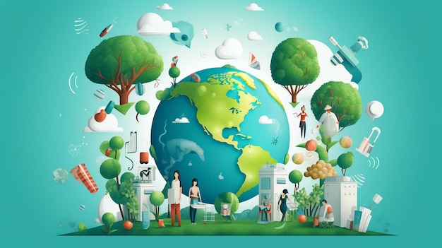 une illustration de dessin animé de personnes autour d'un monde avec des arbres et des bâtiments autour d'elle.