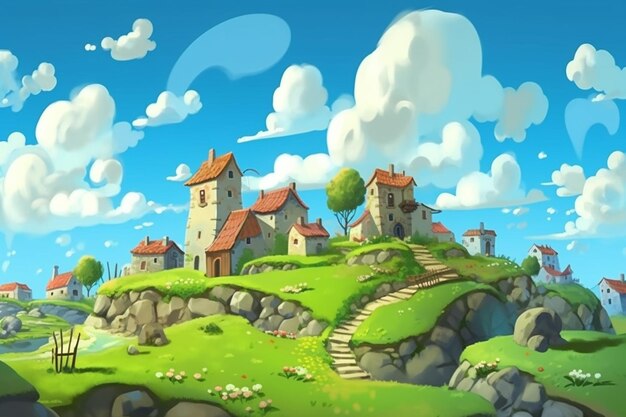 Illustration de dessin animé d'un petit village sur une colline avec une rivière générative ai