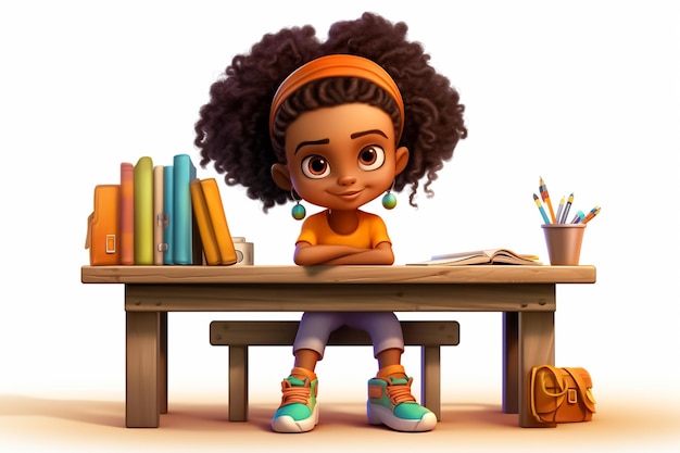 Illustration de dessin animé d'une petite fille africaine en uniforme scolaire assise sur une table d'école