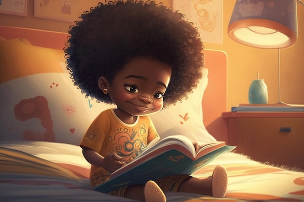 illustration de dessin animé d'une petite fille lisant un livre dans un lit ai générative