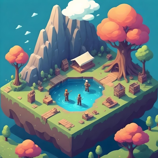 une illustration de dessin animé d'une piscine avec une cascade et une montagne en arrière-plan