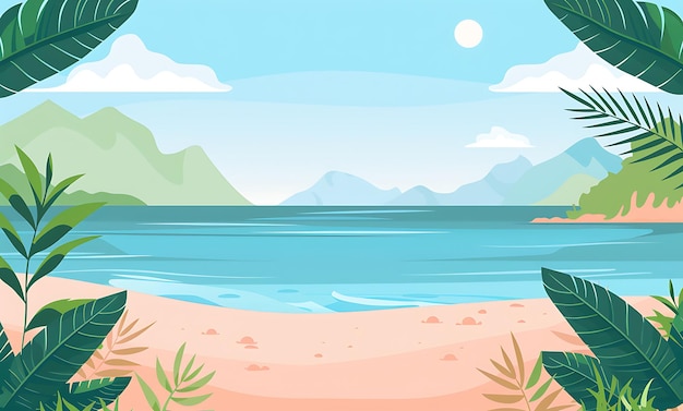 une illustration de dessin animé d'une plage avec une plage et des montagnes en arrière-plan
