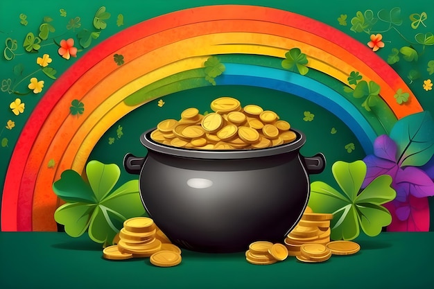 Photo une illustration de dessin animé d'un pot avec des pièces d'or et un arc-en-ciel avec un arc- en-ciel en arrière-plan