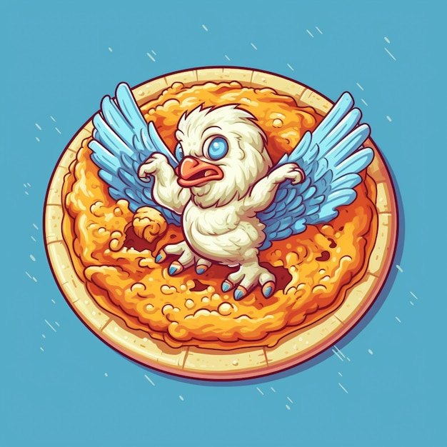 illustration de dessin animé d'un poulet avec des ailes sur une pizza ai générative