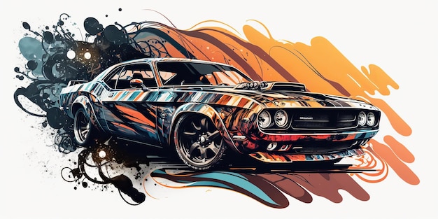 Illustration de dessin animé Realisitc générée par AI de mustang de voiture de muscle de voiture de sport dans un style rétro vintage