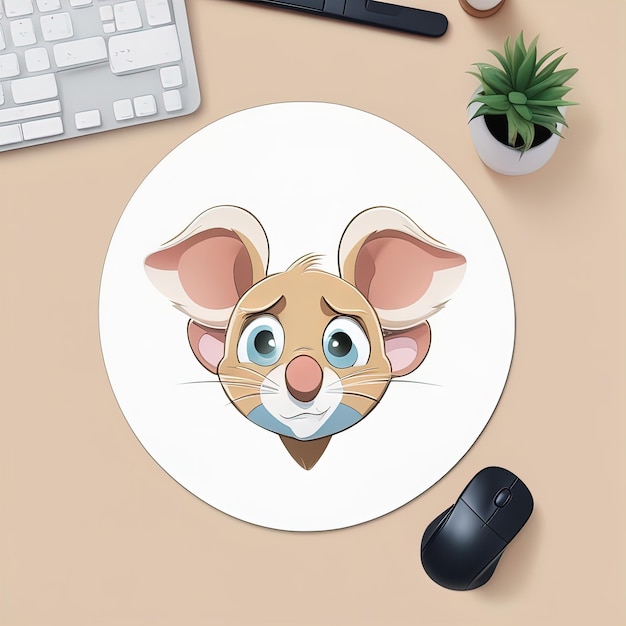 Illustration de dessin animé de rendu 3D d'une souris avec une souris sur une vue de dessus de table en boisVoiture de rendu 3D