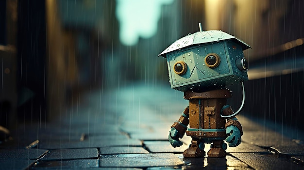 illustration de dessin animé robot mignon sous la pluie