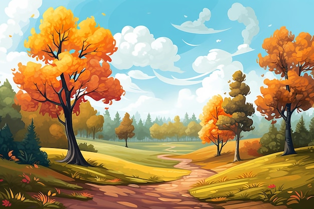 illustration de dessin animé d'une route dans une belle forêt d'automne générative ai