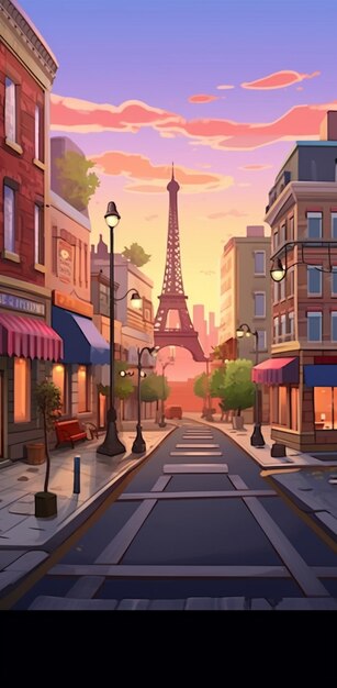 illustration de dessin animé d'une rue avec une vue sur la tour Eiffel