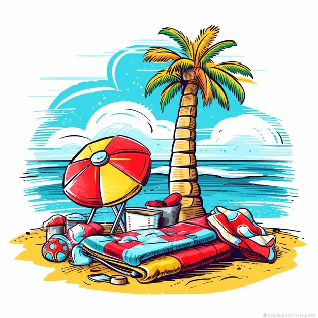 Illustration de dessin animé d'une scène de plage avec une chaise de plage