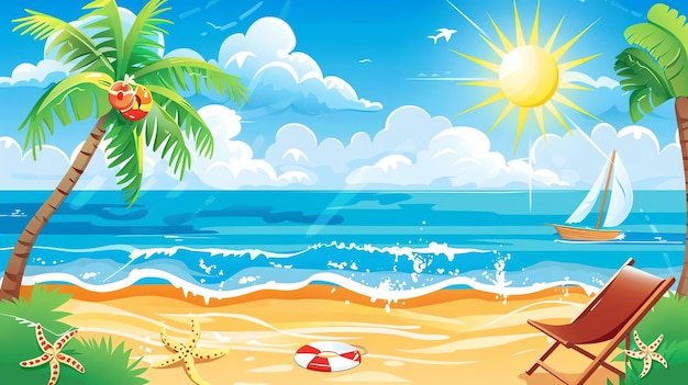 Une illustration de dessin animé d'une scène de plage tropicale