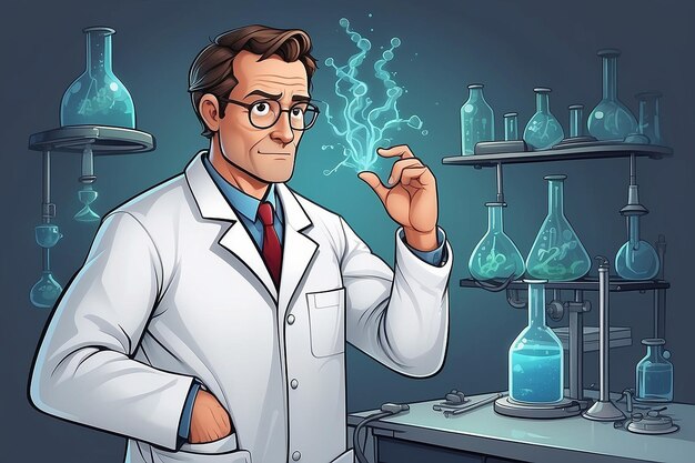 Illustration de dessin animé d'un scientifique en tenue de laboratoire qui pense