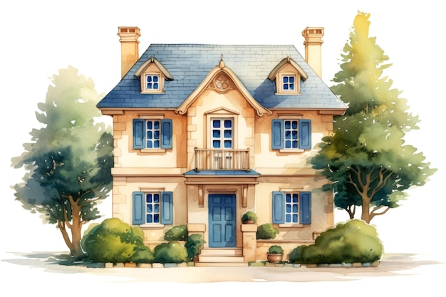 Illustration de dessin animé de sérénité suburbaine d'une belle maison résidentielle. Concept de conte de fées