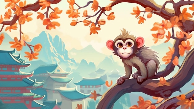 Illustration de dessin animé d'un singe assis sur une branche d'arbre devant une pagode ai générative
