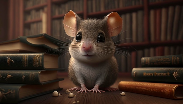 Une illustration de dessin animé d'une souris lisant un livre ai générative
