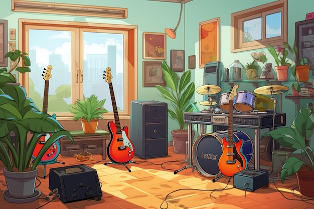 Photo illustration de dessin animé d'un studio de musique avec guitares ai générative