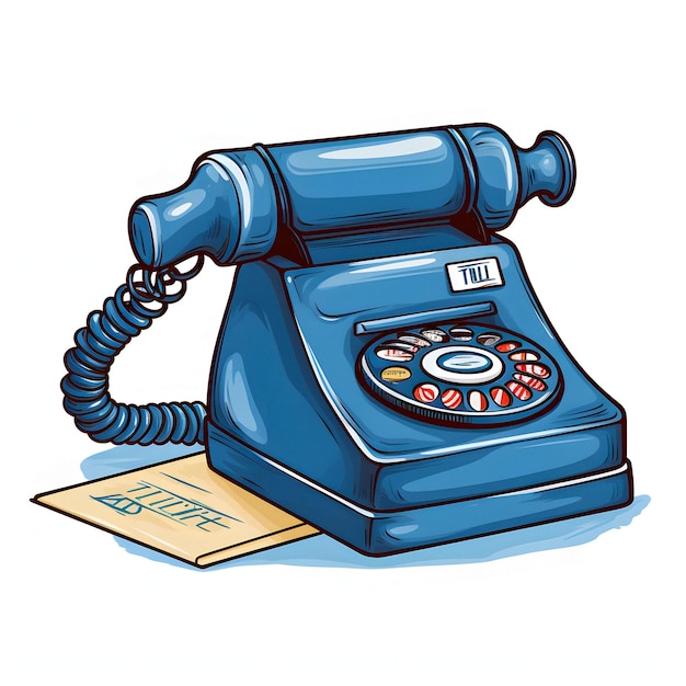 Photo illustration de dessin animé d'un téléphone bleu avec un papier sur le récepteur generative ai