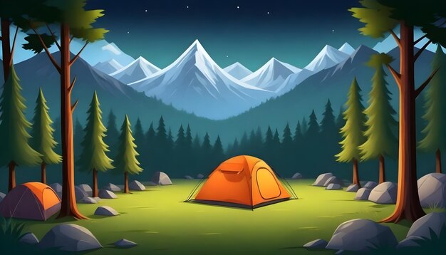 Photo une illustration de dessin animé d'une tente de camping avec des montagnes en arrière-plan