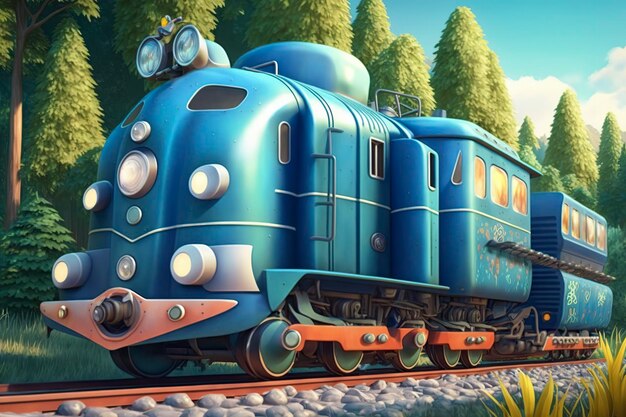 Photo illustration de dessin animé d'un train bleu avec des wagons de chemin de fer