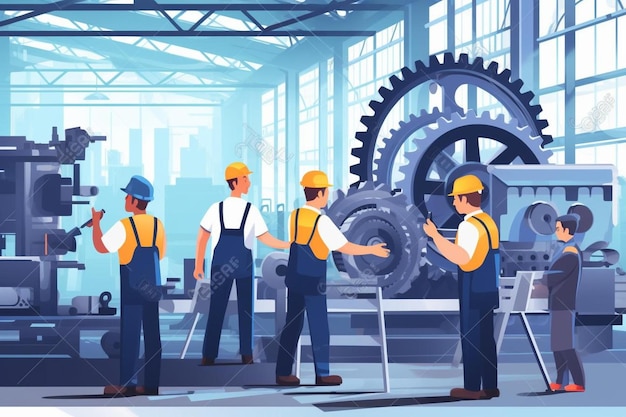 une illustration de dessin animé de travailleurs travaillant dans une usine