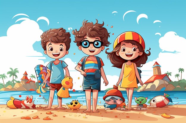 illustration de dessin animé de trois enfants sur la plage avec des jouets generativ ai