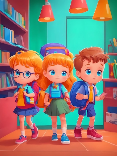 une illustration de dessin animé de trois enfants avec des sacs à dos et une bibliothèque avec le mot "enfants"