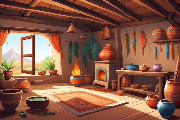 Photo illustration de dessin animé vectoriel de l'intérieur d'une maison de village indienne