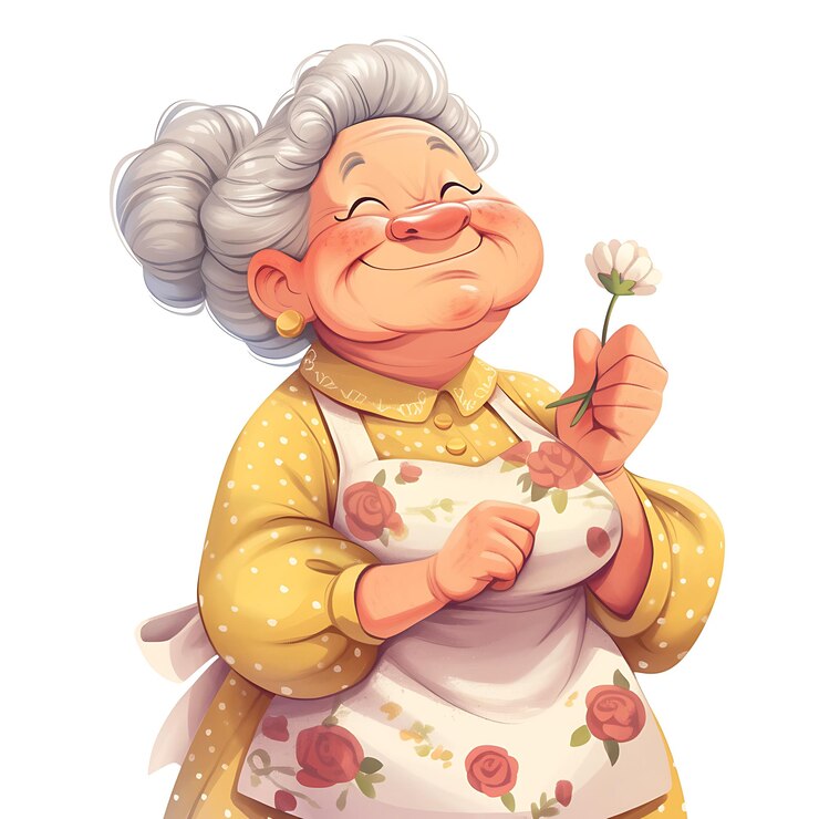 Photo illustration de dessin animé d'une vieille femme tenant une fleur dans sa main