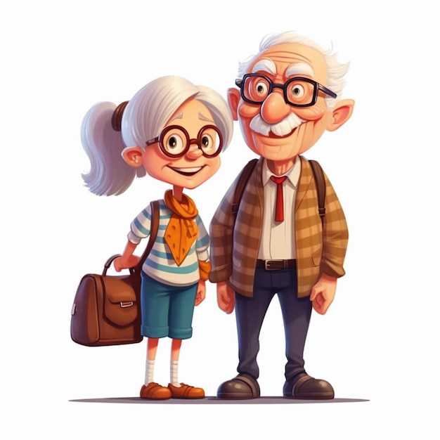 illustration de dessin animé d'un vieux couple avec une valise et un sac ai génératif