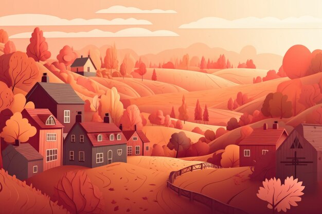 Une illustration de dessin animé d'un village avec une colline et des arbres aux couleurs orange et rouge.