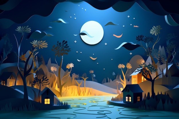 Une illustration de dessin animé d'un village avec une lune et des étoiles.