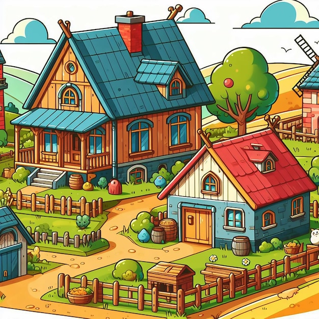 Une illustration de dessin animé d'un village avec une petite maison et un petit bâtiment a généré