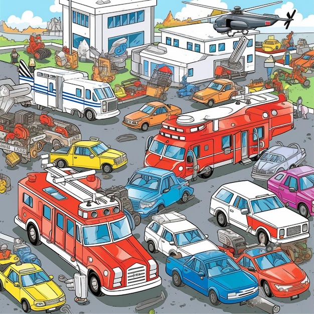 illustration de dessin animé d'une ville animée avec des voitures et des camions ai génératif