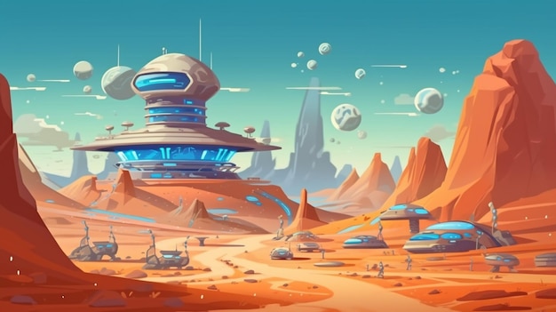 Une illustration de dessin animé d'une ville extraterrestre futuriste dans le désert