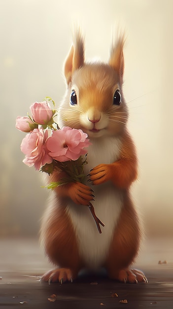 illustration dessin aquarelle d'un bébé écureuil très mignon avec des fleurs dans ses pattes sur la pelouse