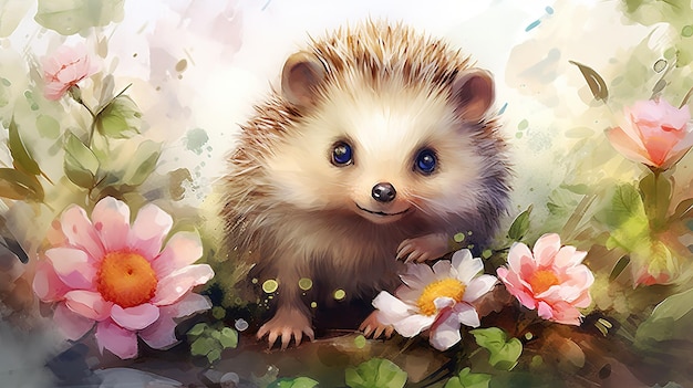 illustration dessin aquarelle d'un petit hérisson très mignon avec des fleurs dans ses pattes sur la pelouse