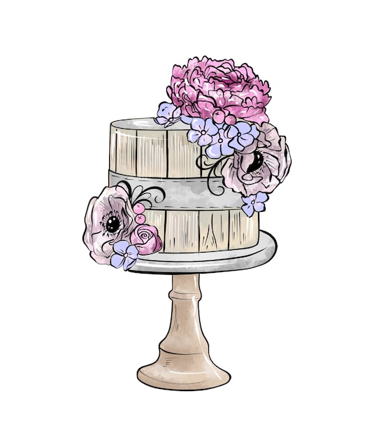 Illustration d'un dessin coloré d'un piédestal brun de forme ronde de gâteau et décoré en bleu et