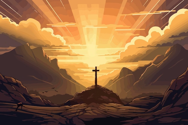 L'illustration dessinée d'un ciel au-dessus de la colline du golgotha est enveloppée d'une lumière majestueuse et de nuages révélant le symbole de la sainte croix