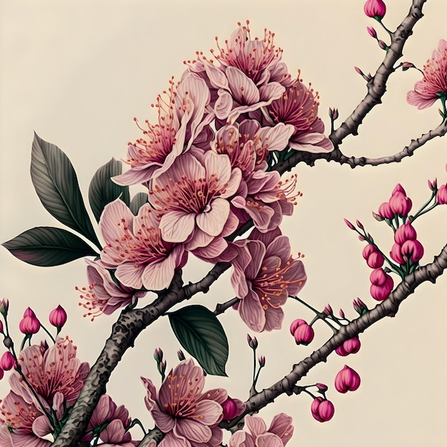 Illustration dessinée à la main de l'arbre de fleurs de cerisier