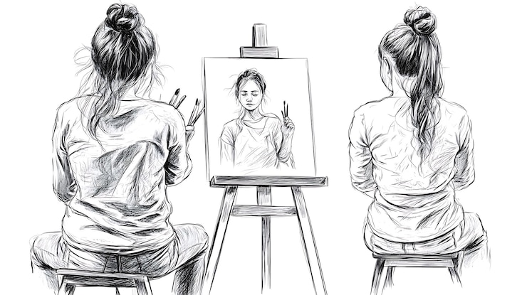 Photo illustration dessinée à la main d'une artiste capturant son propre reflet dans un autoportrait