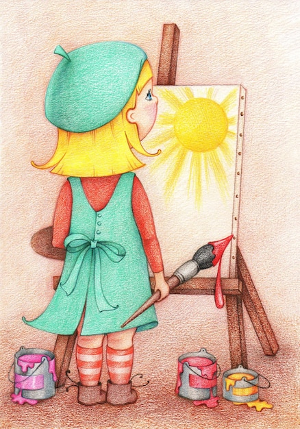 Illustration dessinée à la main d'une artiste de fille se tient devant un chevalet et dessine le soleil sur la toile