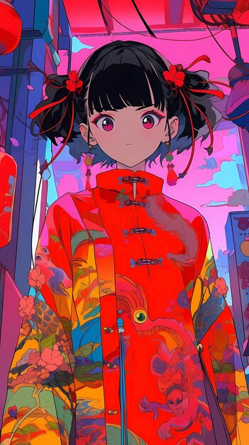 Photo illustration dessinée à la main d'une belle fille mignonne dans l'atmosphère du nouvel an chinois