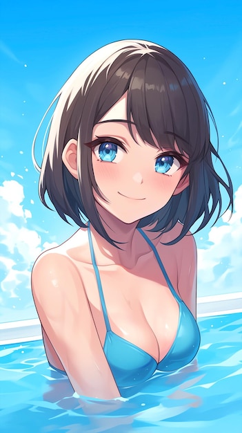 Photo illustration dessinée à la main d'une belle fille portant un maillot de bain dans une piscine d'été