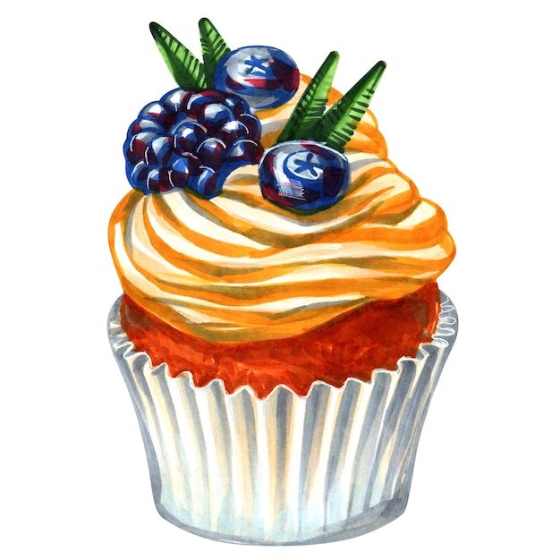 Illustration dessinée à la main d'un cupcake avec de la crème et des baies isolées sur blanc