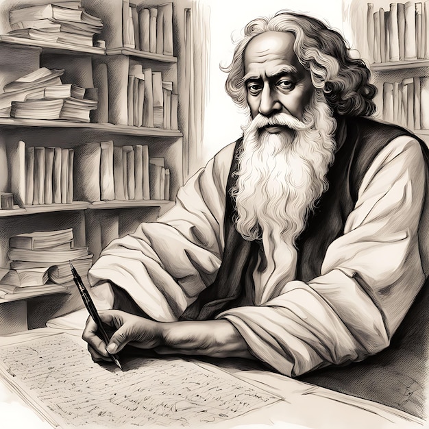 Photo illustration dessinée à la main du joyeux anniversaire de rabindranath tagore