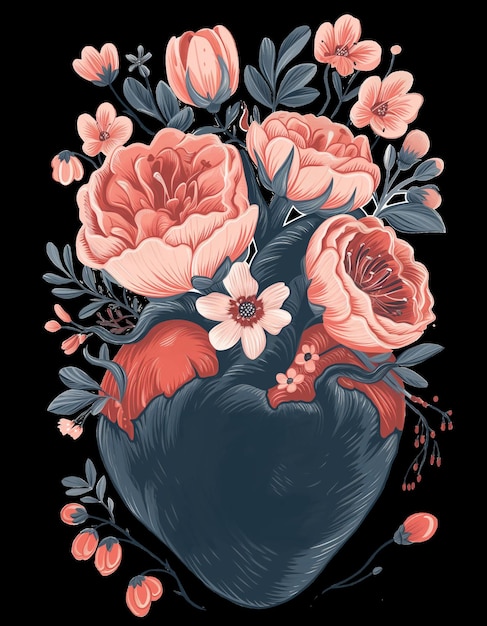 Illustration dessinée à la main d'une fleur en fleur, un cœur, un t-shirt de la Saint-Valentin et un modèle d'impression png sur